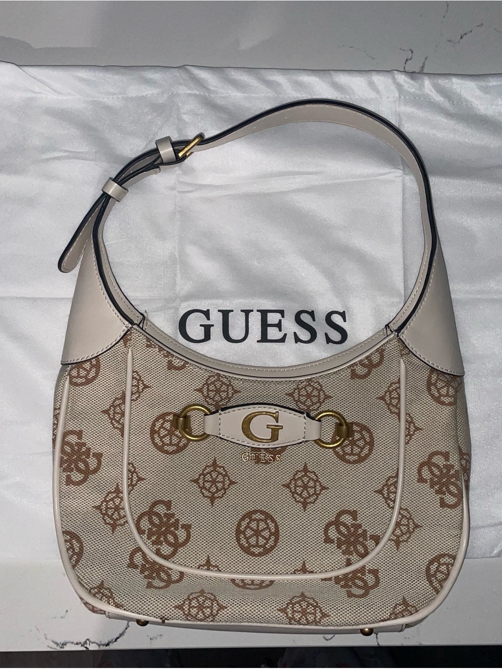 Guess Beige & Brown Monogram Shoulder Bag with Gold Hardware